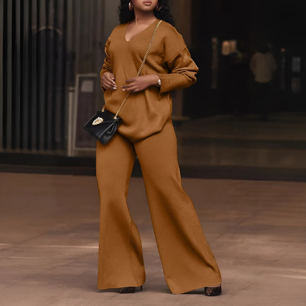 Women's brown thickened suede two-piece suit with split sleeves and trousers in casual style.