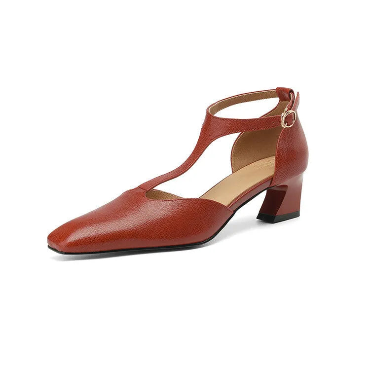 Wine red sheepskin leather high heel shoes with square toe and chunky retro heel, showing buckle fastening