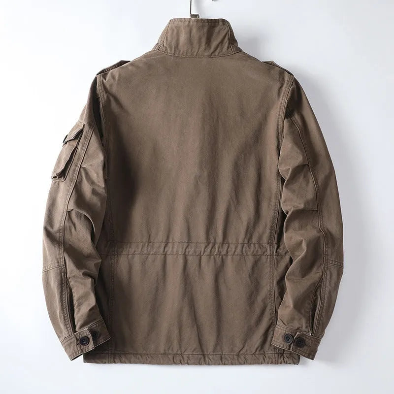Men's loose fit cotton zip jacket in light brown, green, or black