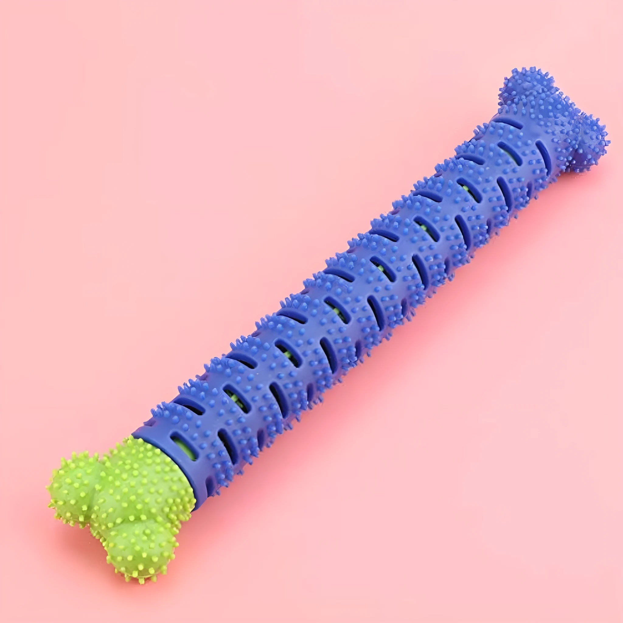 Blue and green silicone dog dental chew toy with brush-head texture and nodule design for cleaning teeth.