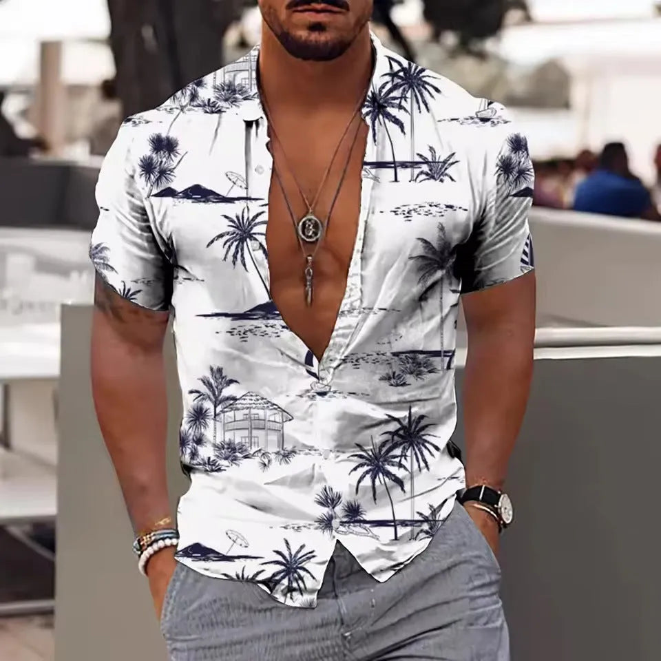 Men's floral printed beach shirt in loose cardigan style with short sleeves