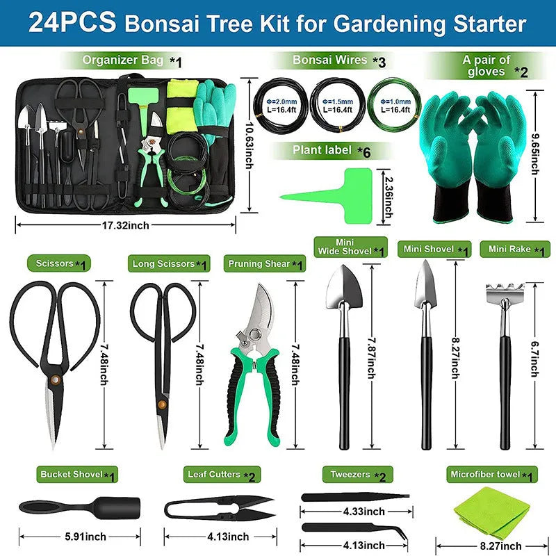 24-piece stainless steel bonsai tool set for potted plant pruning and maintenance
