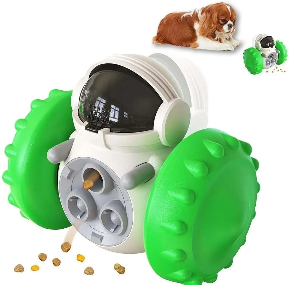Robot-shaped tumbler pet treat dispenser toy in assorted colours for small dogs and cats