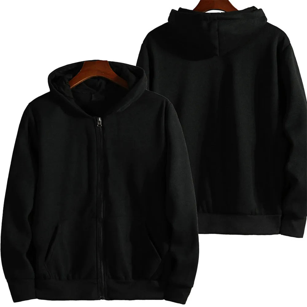 Men's solid colour loose sports zip jacket in polyester-spandex fabric showing zip front and cardigan style