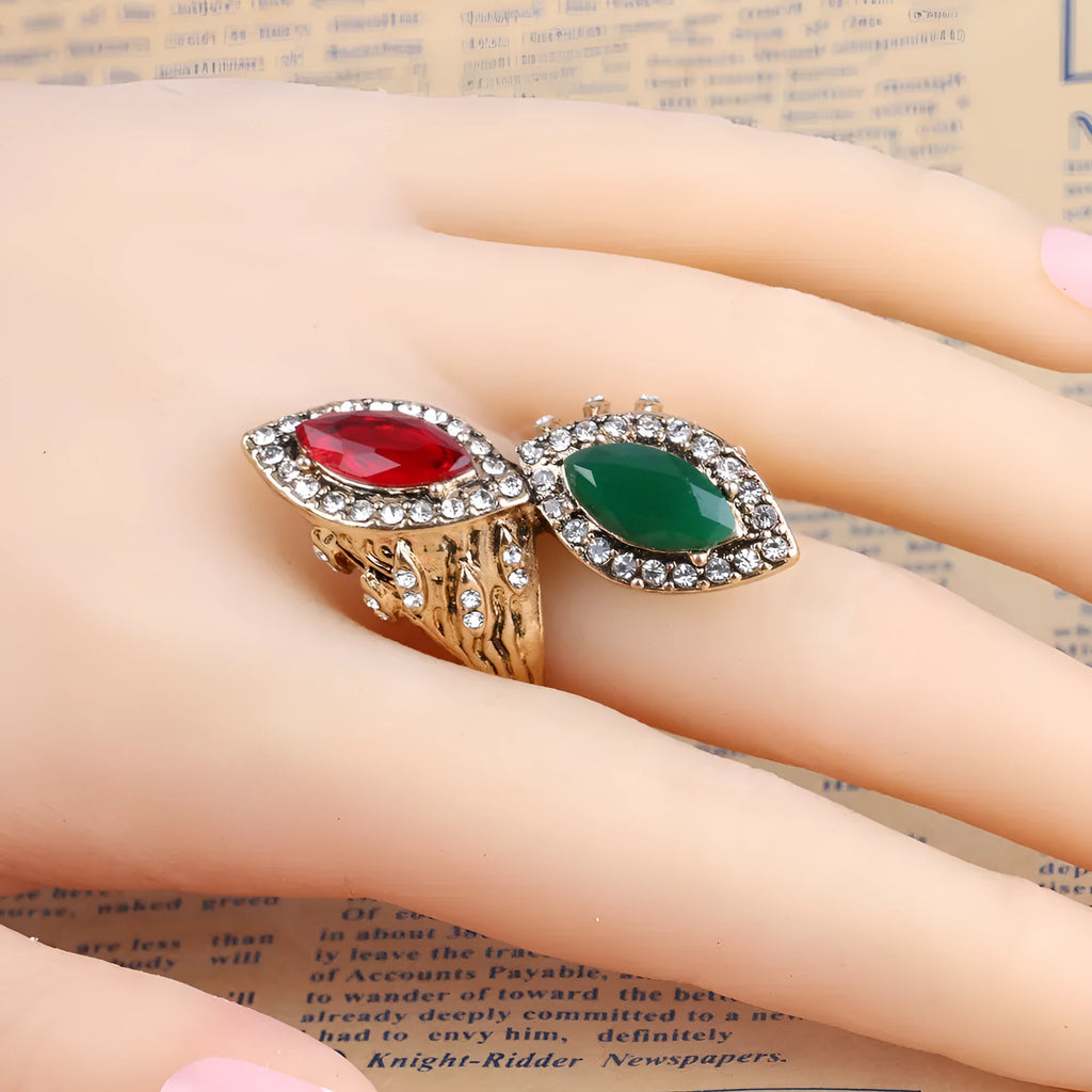 Bohemian retro gold-plated ladies ring with ruby and emerald artificial gemstone, geometric alloy band, sized No 7-10