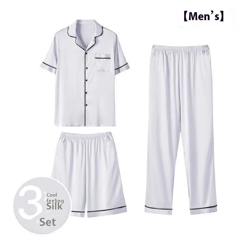 Men's ice silk three-piece home wear set showing trousers, shorts, and top in a neutral colour.