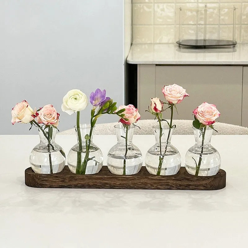 Wooden frame transparent hydroponic vase set with PET plastic vases in modern design