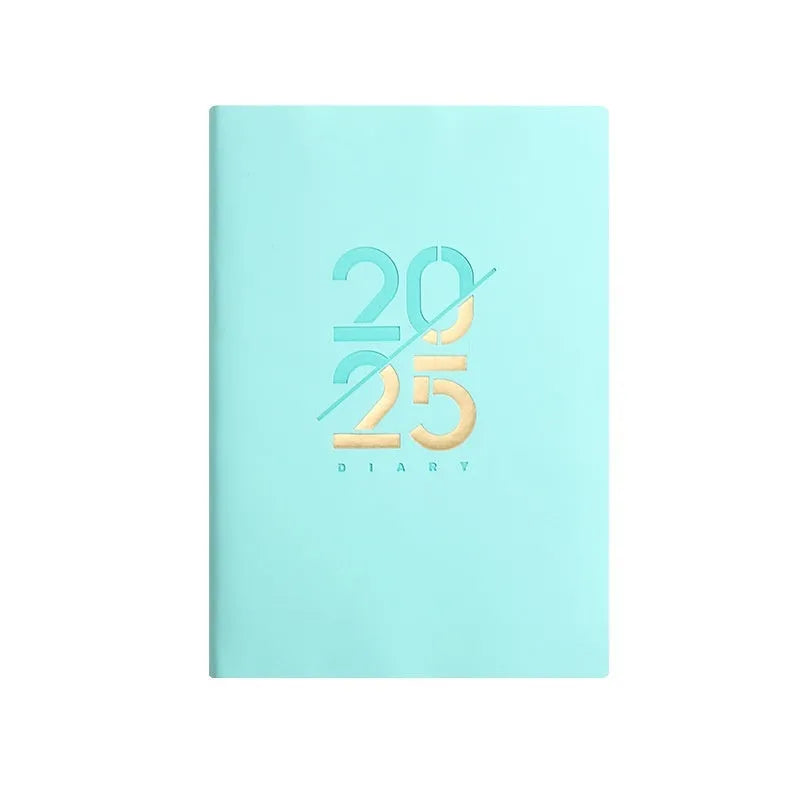 A5 2025 daily planner book with soft faux leather cover in blue colour, showing binding and open pages.