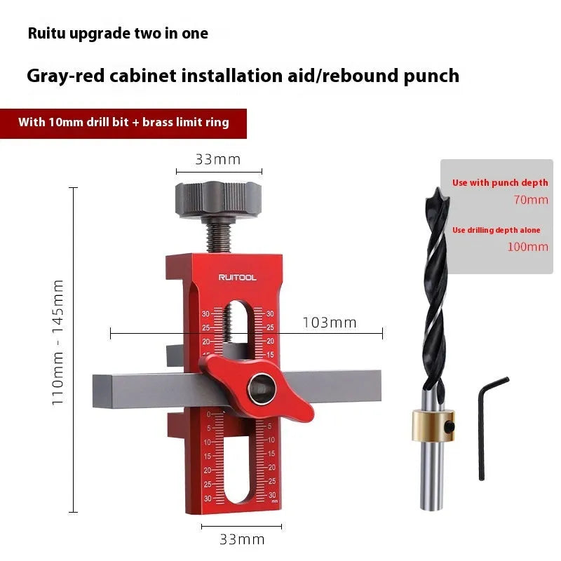 Aluminium alloy cabinet door installation aid tool for woodworking with 10mm drill bit.
