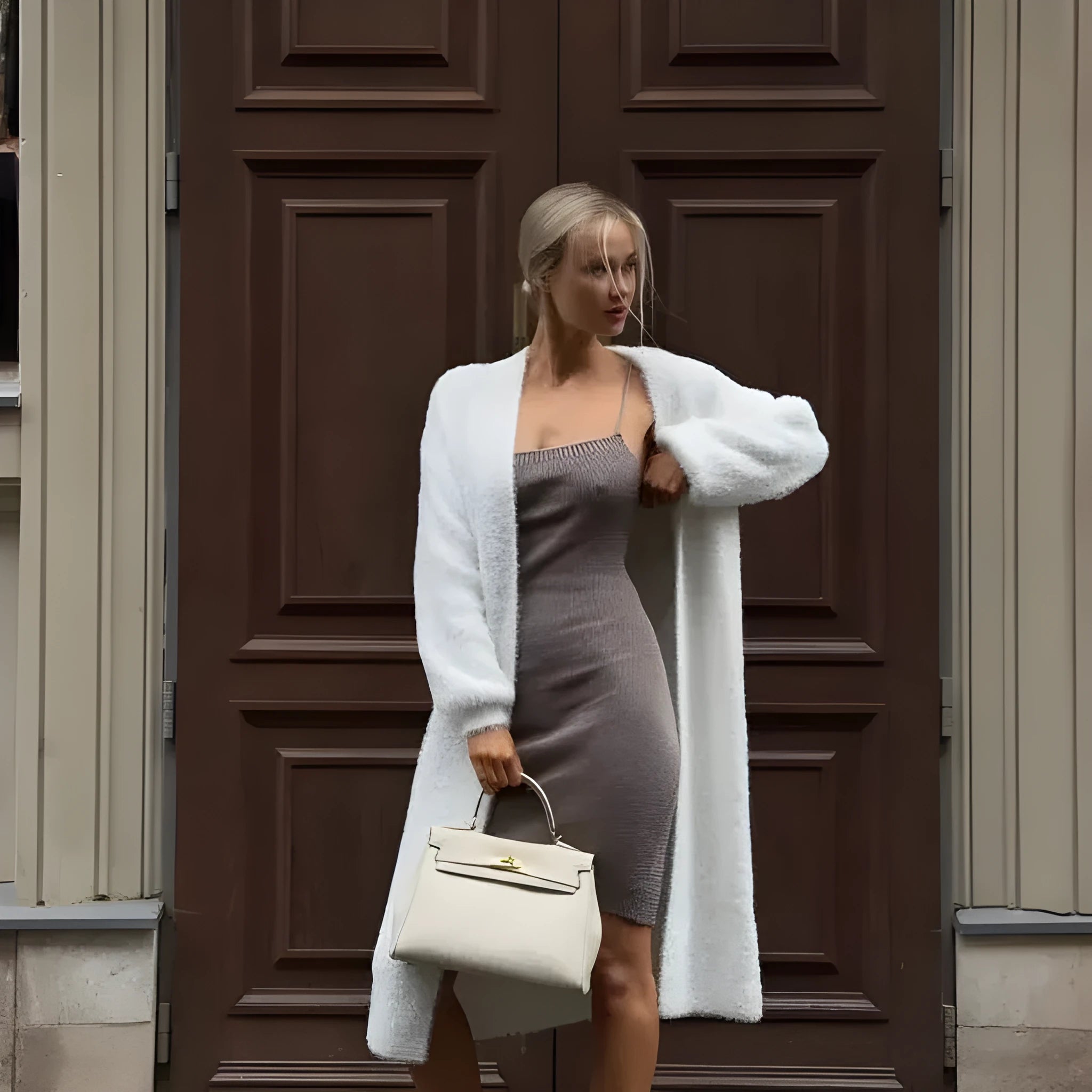 White knitted women's cardigan jacket with long sleeves and a loose, free-size fit