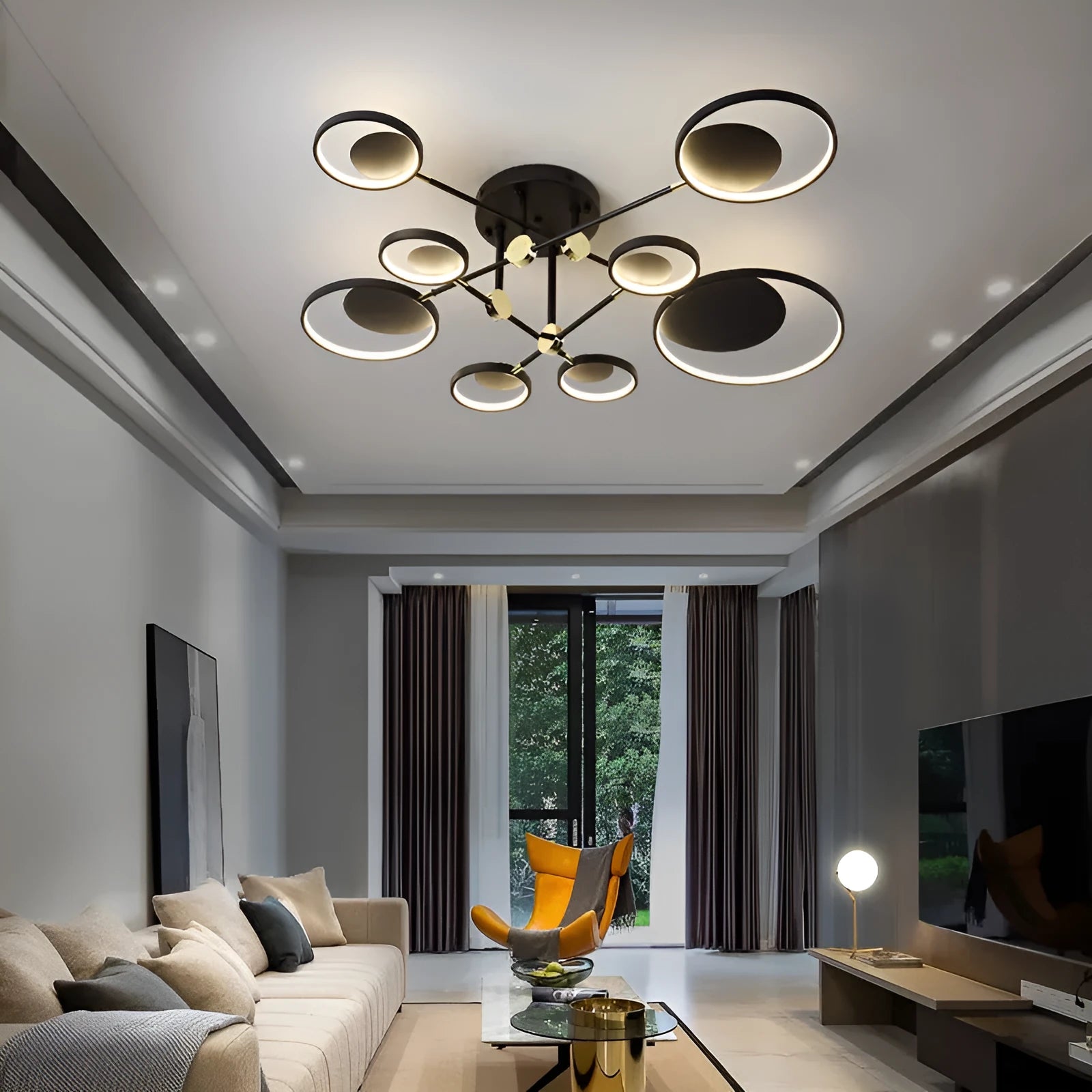 Modern glass molecular ceiling light with LED illumination, 720mm diameter, three colour options