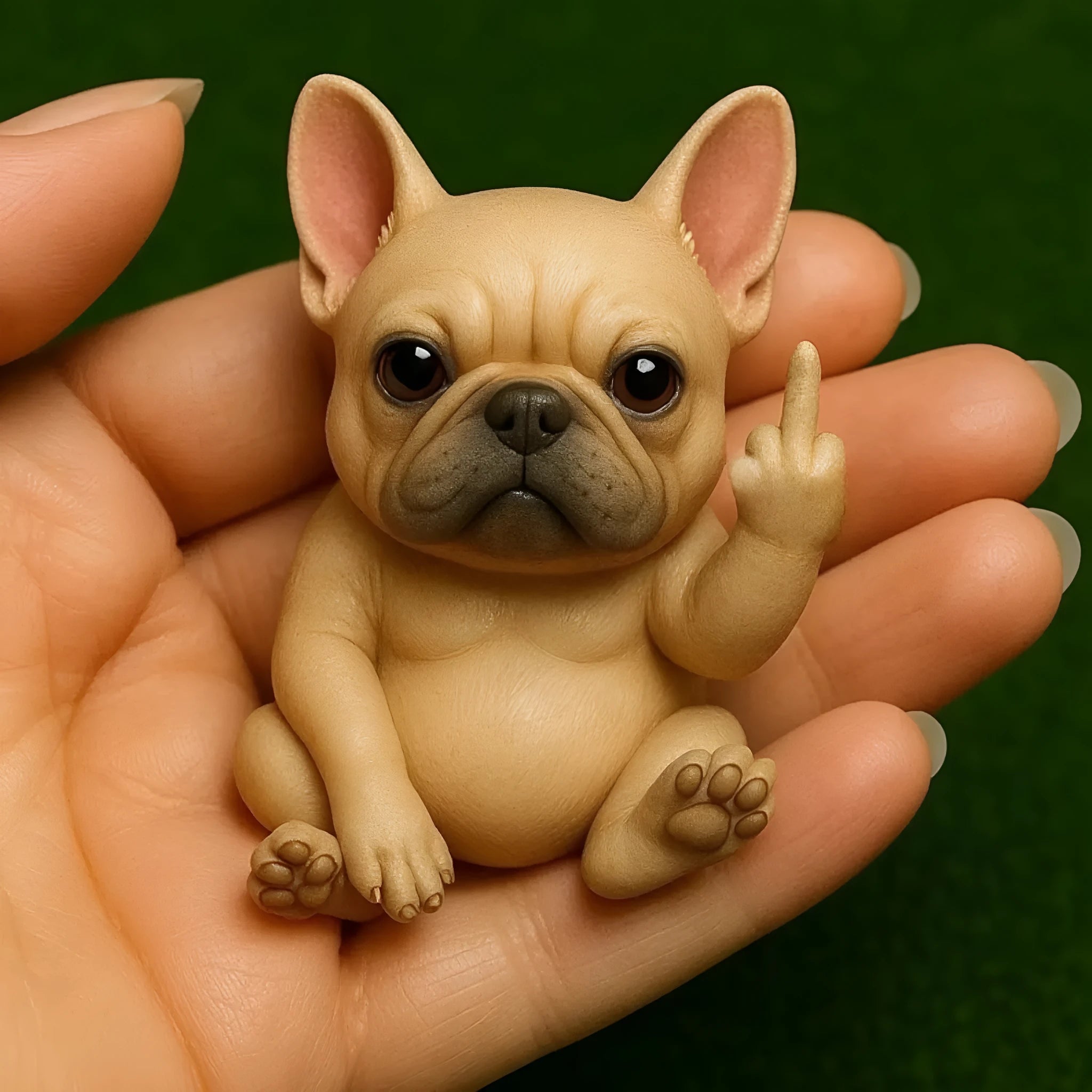 Mini animal-themed vertical middle finger doll ornament in resin and plastic on a desk.
