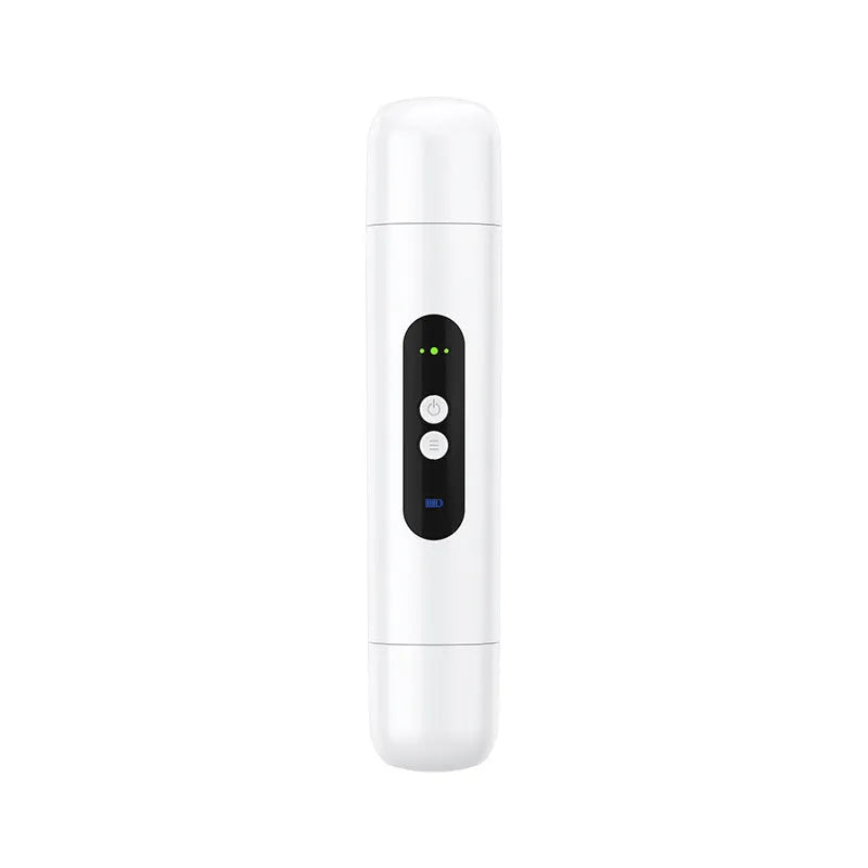 Pink and white portable electric body hair trimmer with USB cable on a white background
