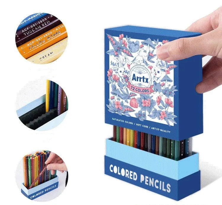 Box containing 72 coloured pencils with basswood barrels for art drawing and sketching.