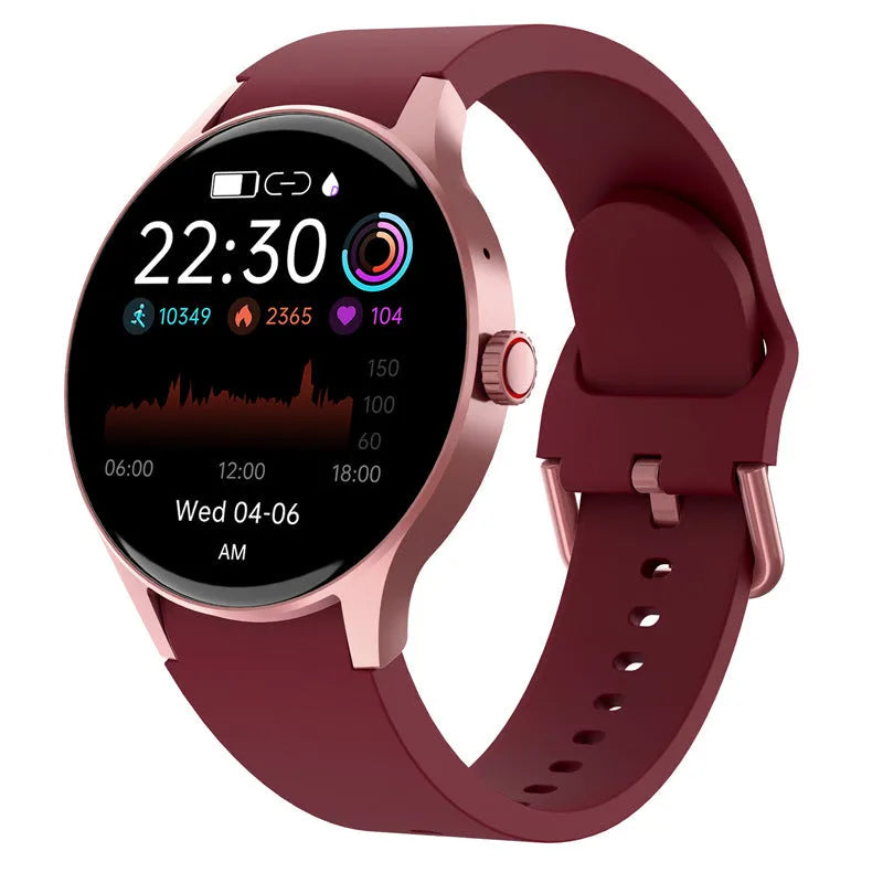 Black smart Bluetooth sport watch with round screen on a wrist, showing fitness stats.