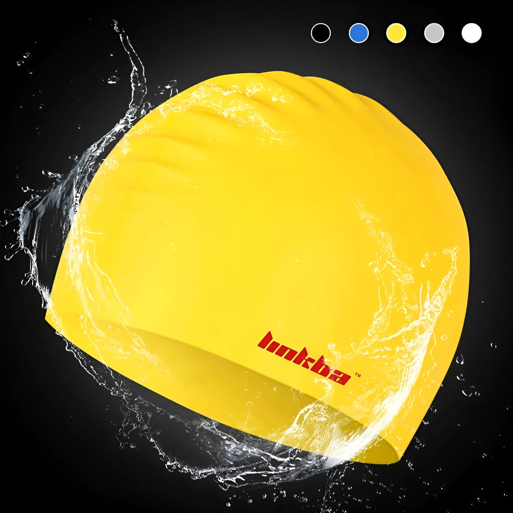 Silicone swimming cap with earmuffs in letter pattern design showing colour options