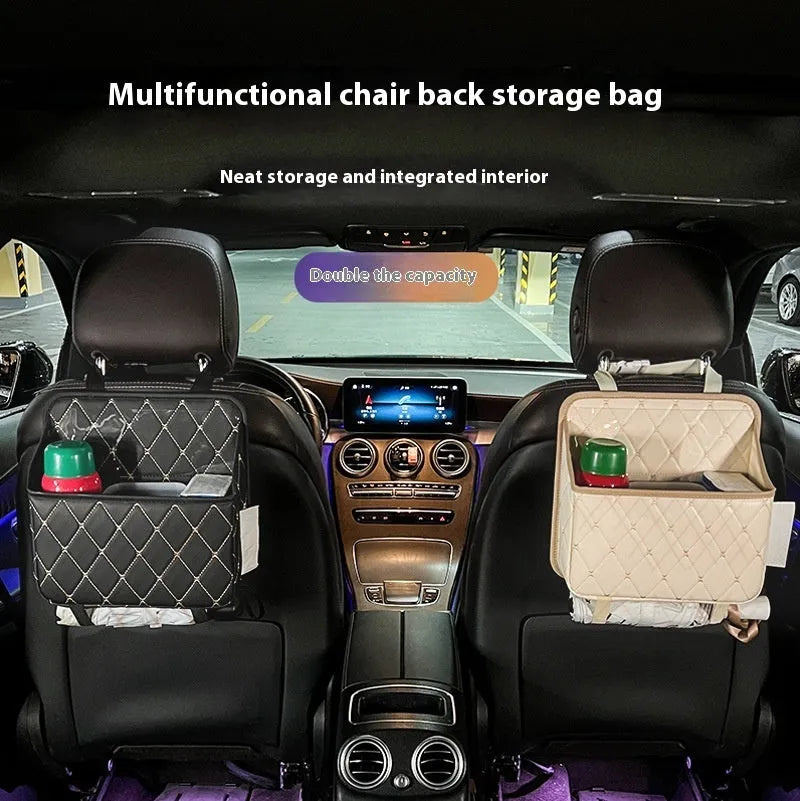 Leather hanging car storage bag and trash can in diamond lattice black or beige with waterproof function and handle