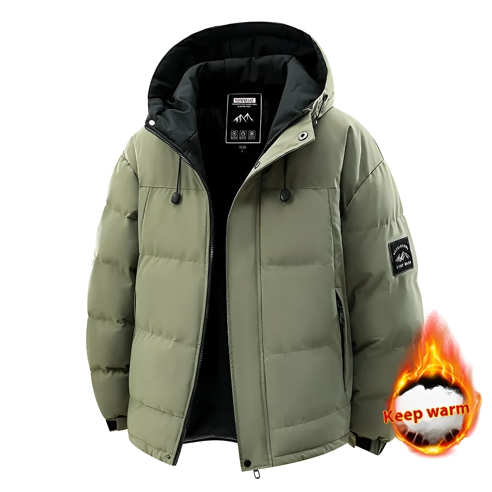 Men's hooded thickened cold-proof coat with polyester filling in black, front view, loose fit