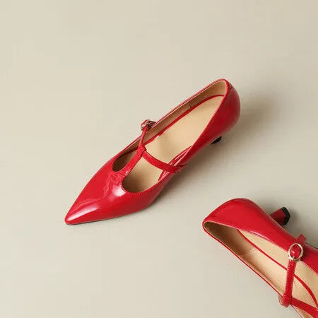Women's authentic leather square toe high heel shoes in black, apricot, and red colours with 6-8cm heel