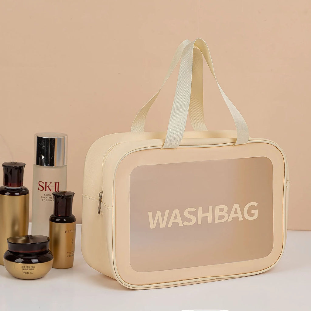 3-piece PVC wash bag set in transparent waterproof material, large medium and small sizes, beige black blue pink white
