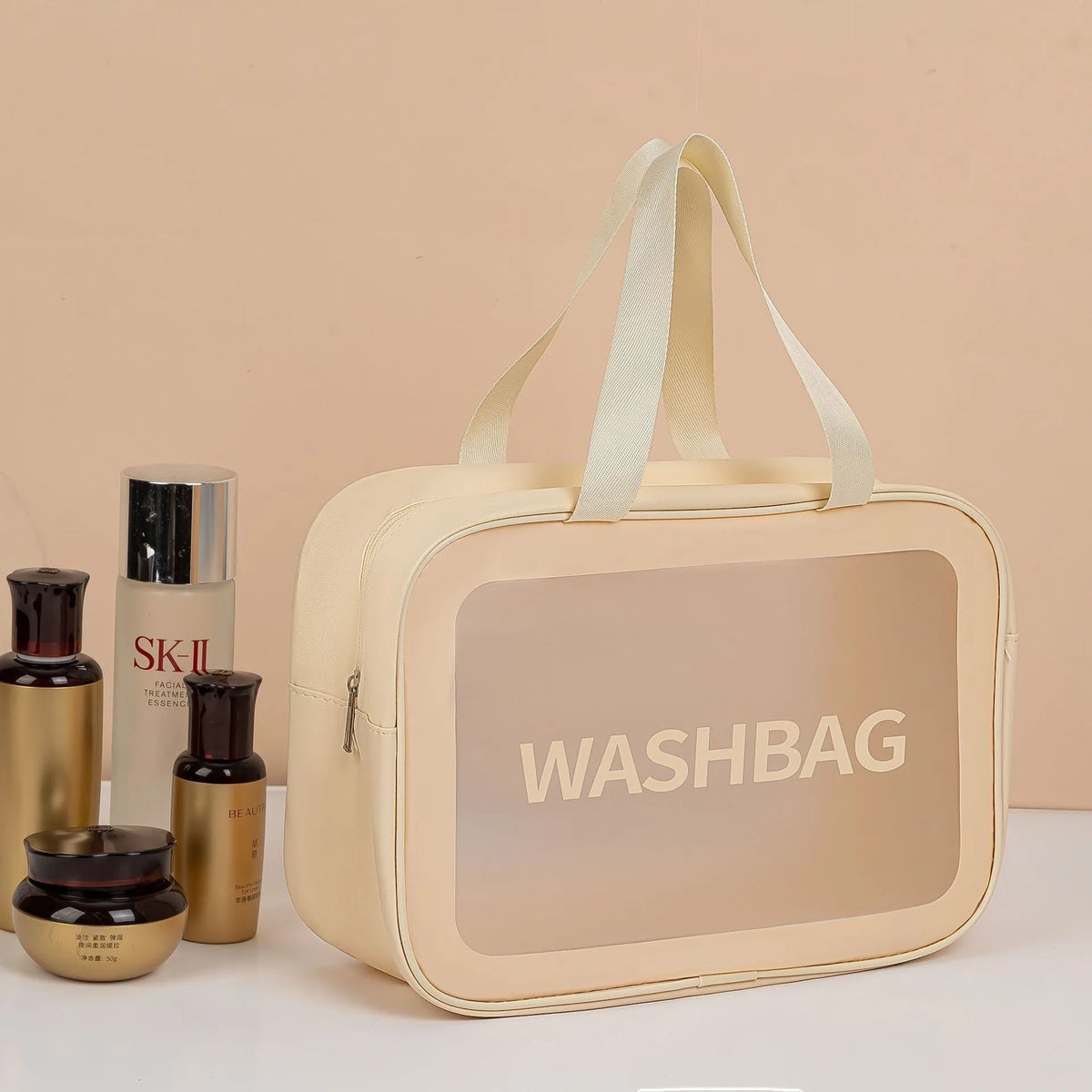 3-piece PVC wash bag set in transparent waterproof material, large medium and small sizes, beige black blue pink white