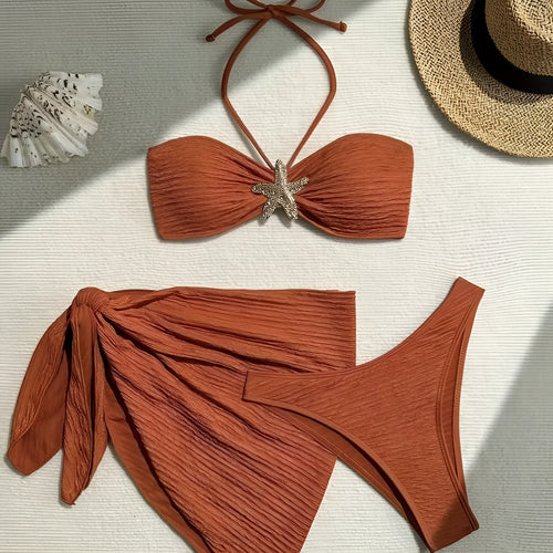 Three-piece brown polyester swimsuit set with tube top, pants, and skirt for women