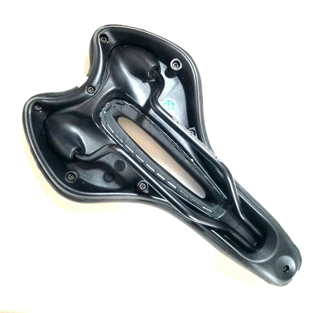 Bicycle saddle with steel spring suspension, PU leather cover, 6mm wrench, and tyre repair patch kit.