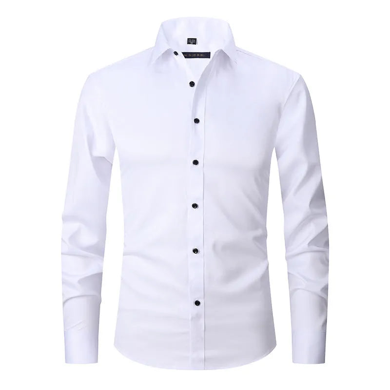 Men's stretch long sleeve work shirt in polyester fabric showing front view with size options