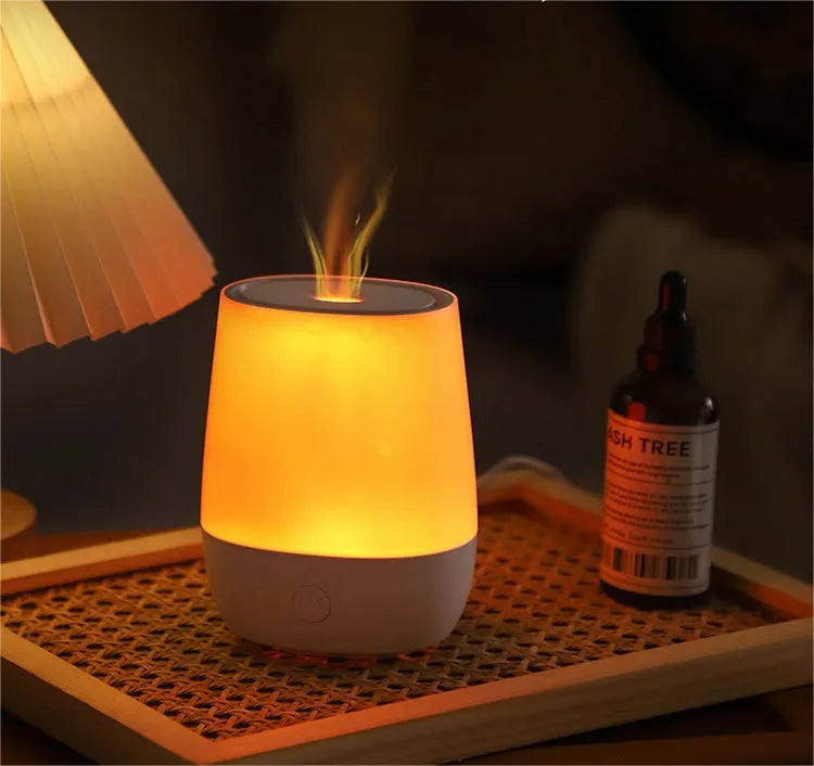 White USB aromatherapy diffuser with simulation flame effect showing water tank and Type-C port