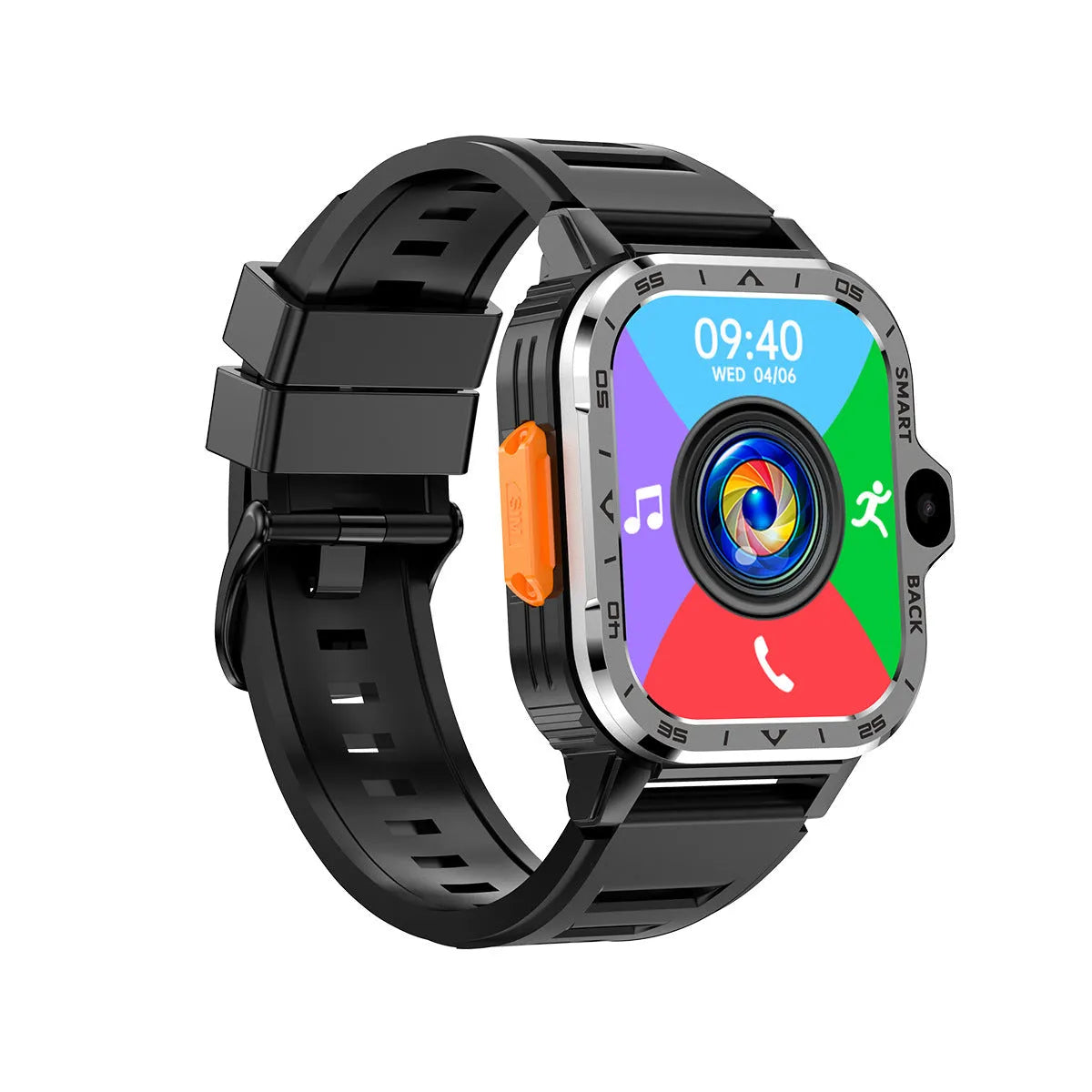 Black or silver Android student smart watch with touch screen, showing heart rate and call functions.