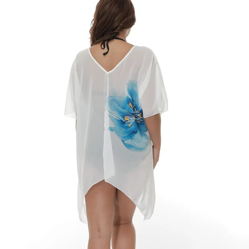 White plus size loose beach blouse for sun protection over swimwear