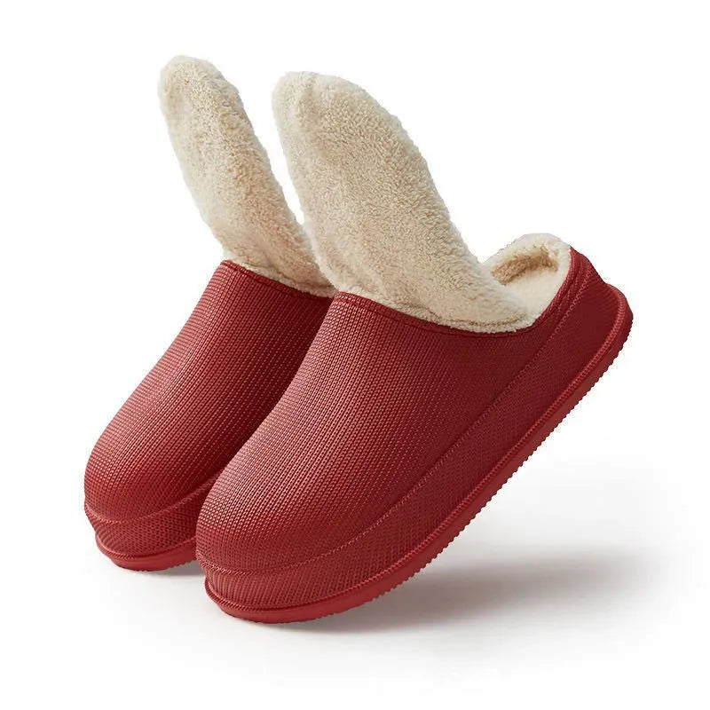 EVA autumn winter warm waterproof thick cotton slippers with shock absorbing toe cap in solid colour, side view
