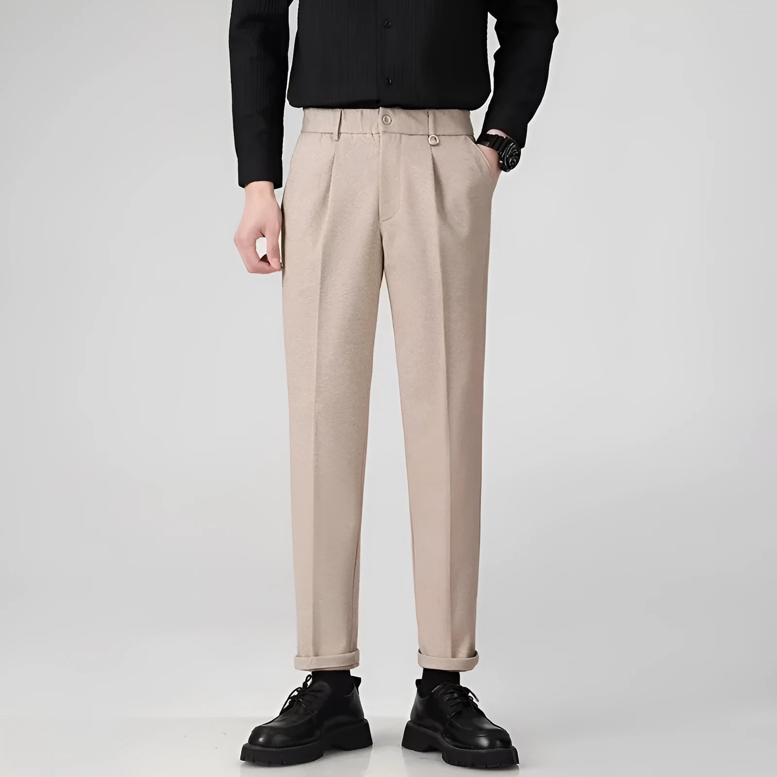 Men's straight-leg trousers in light business style, polyester fabric, available in multiple colours