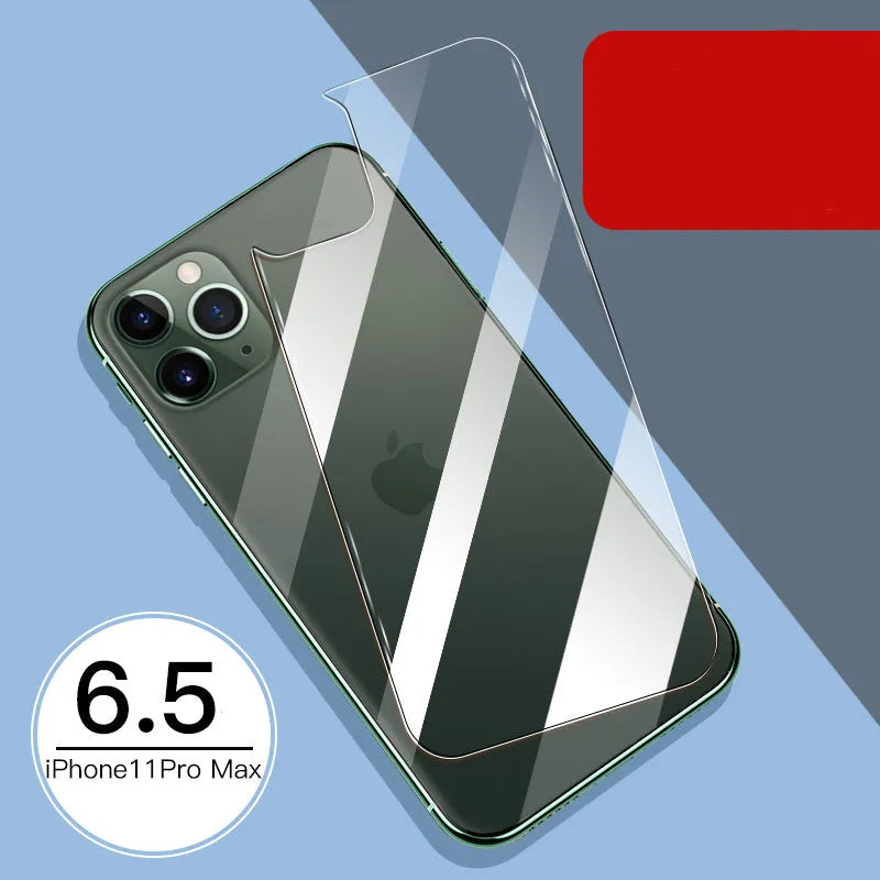 Tempered glass screen and rear protector film for Apple iPhone models on a table.
