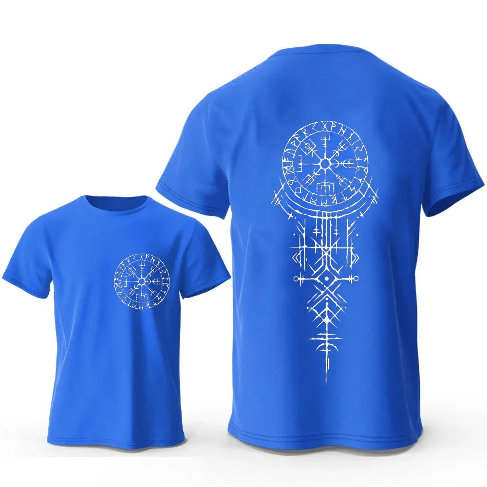 Men's Viking rune compass graphic T-shirt on pure cotton with smiling face design