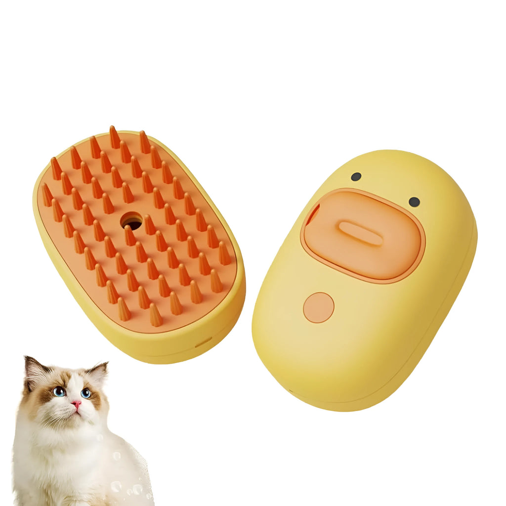 White and yellow rechargeable pet steam brush with silicone comb teeth for grooming dogs and cats.