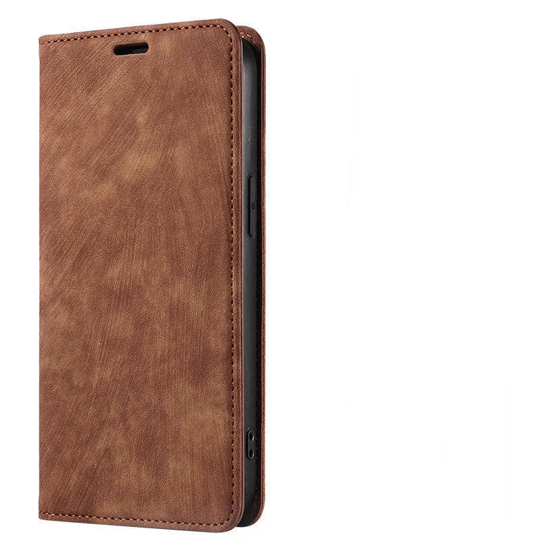 Magnetic flip leather phone case for iPhone shown closed, displaying the lake green colour and secure front flap.