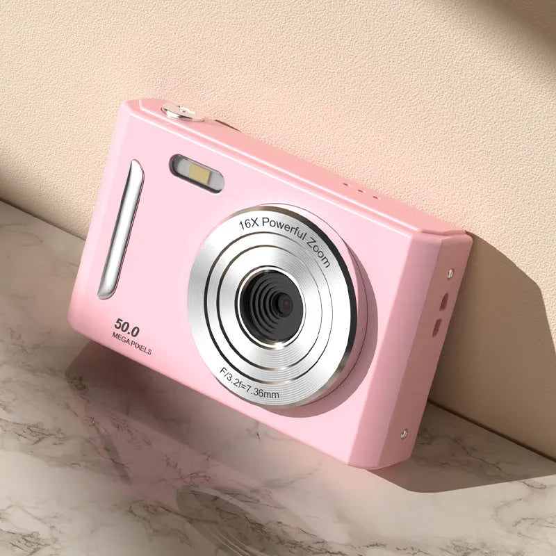 CCD student camera with dual front and rear cameras, HD screen, available in pink and black colours
