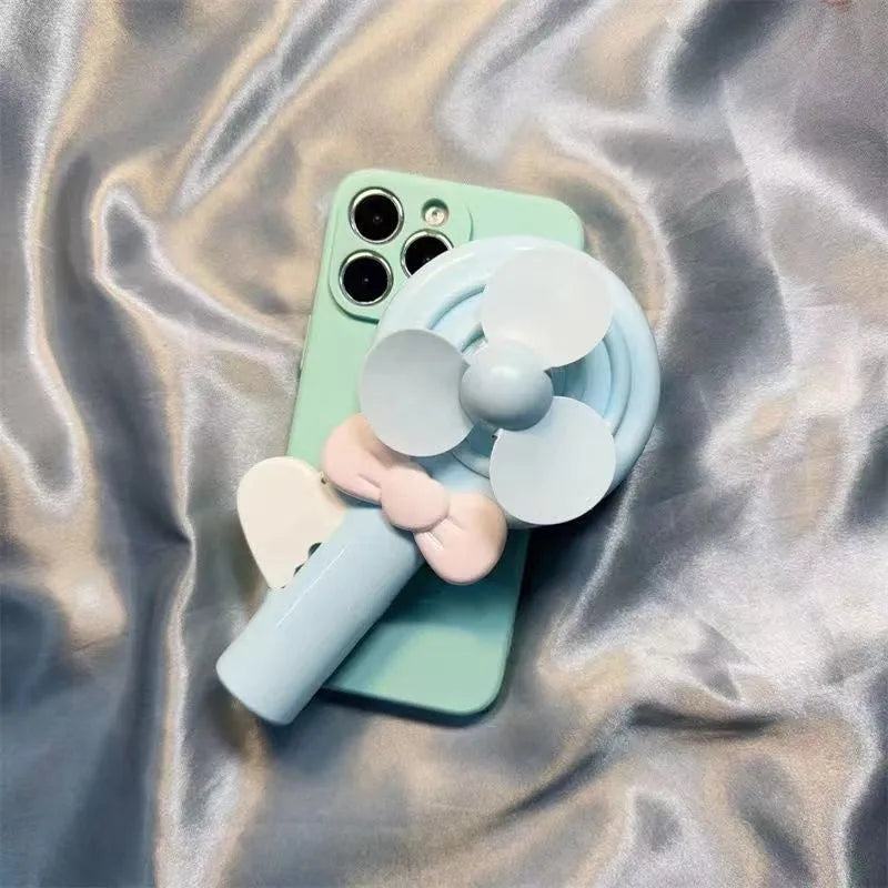 Lollipop hand fan iPhone case in cyan and pink, soft TPU drop-resistant cover for iPhone models