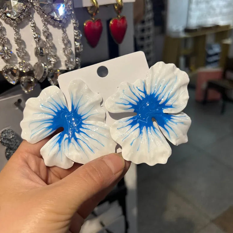 Alloy stud earrings with oil-spot glaze floral designs in pastoral style