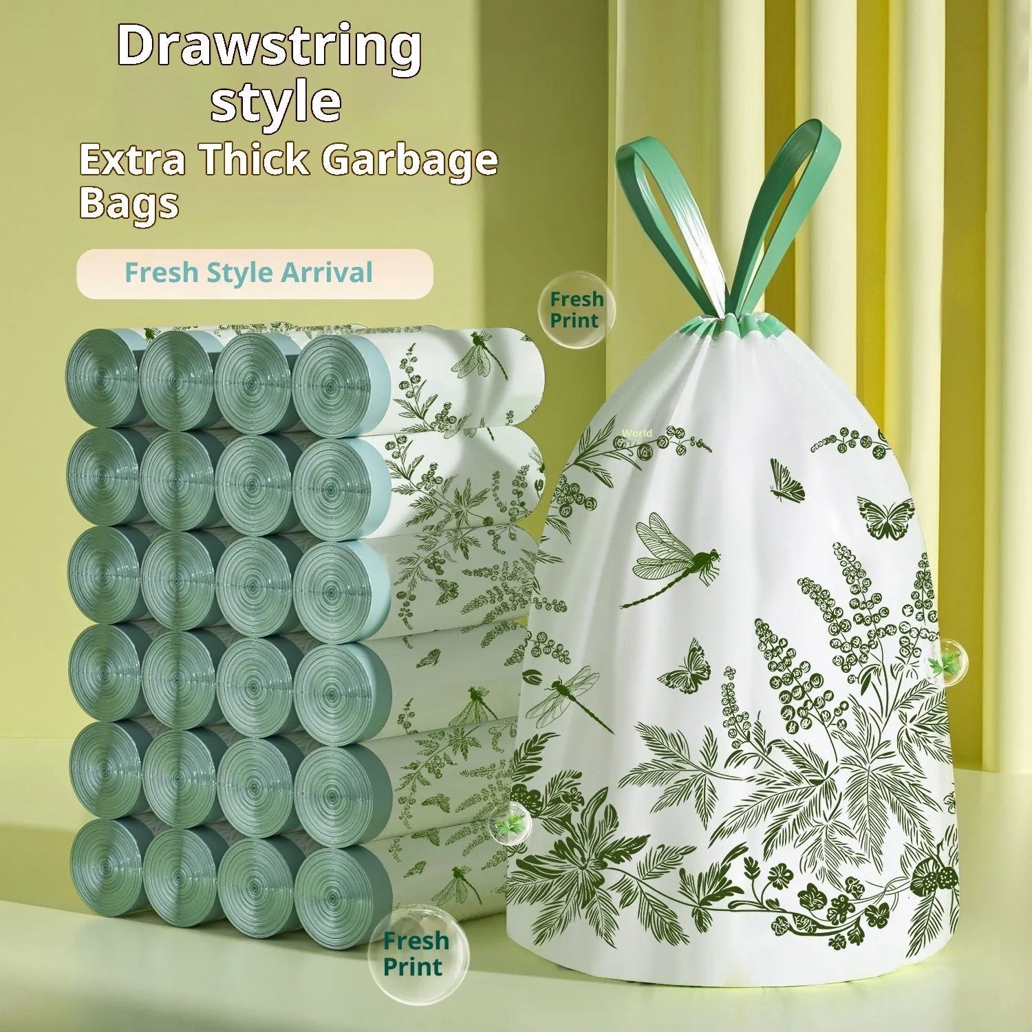 Roll of mugwort print no-tear drawstring garbage bags in extra large size for home use