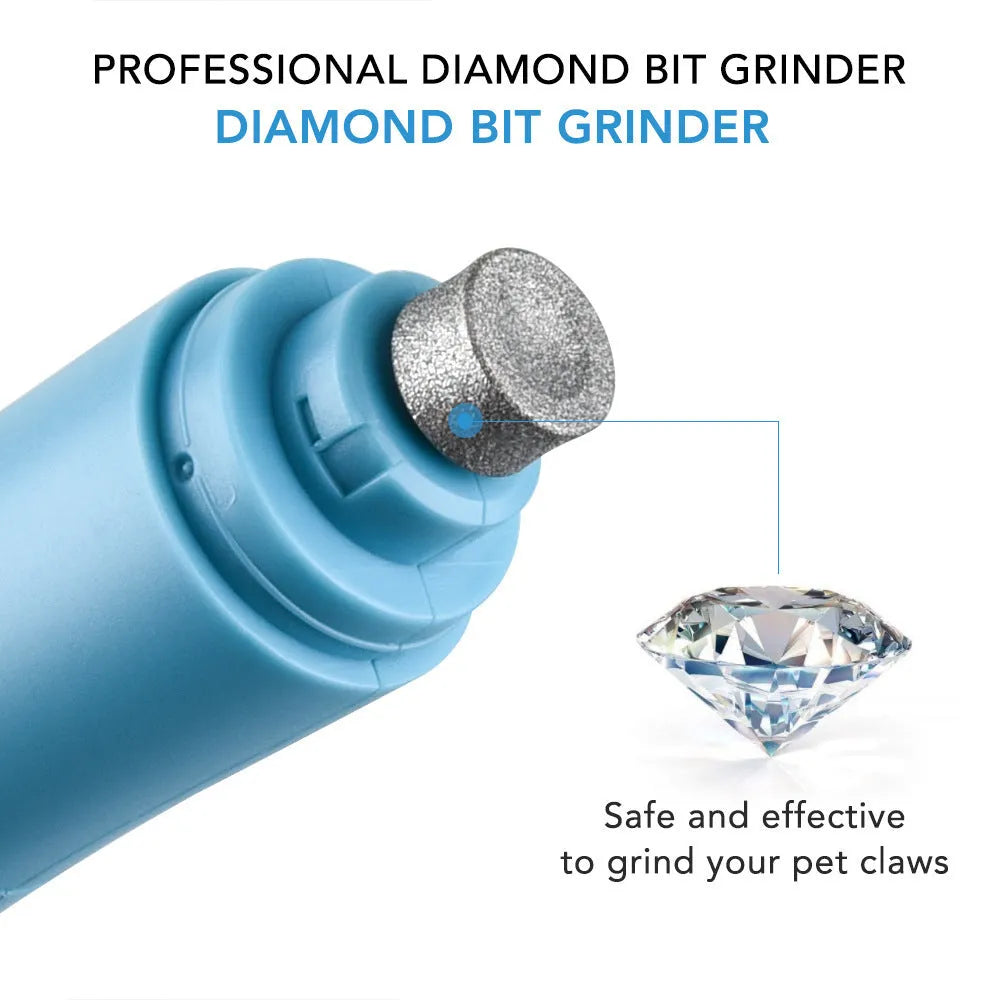 Blue electric pet nail grinder with diamond grinding head, 15.3 x 3.3cm, 192g, for dogs, cats and small pets
