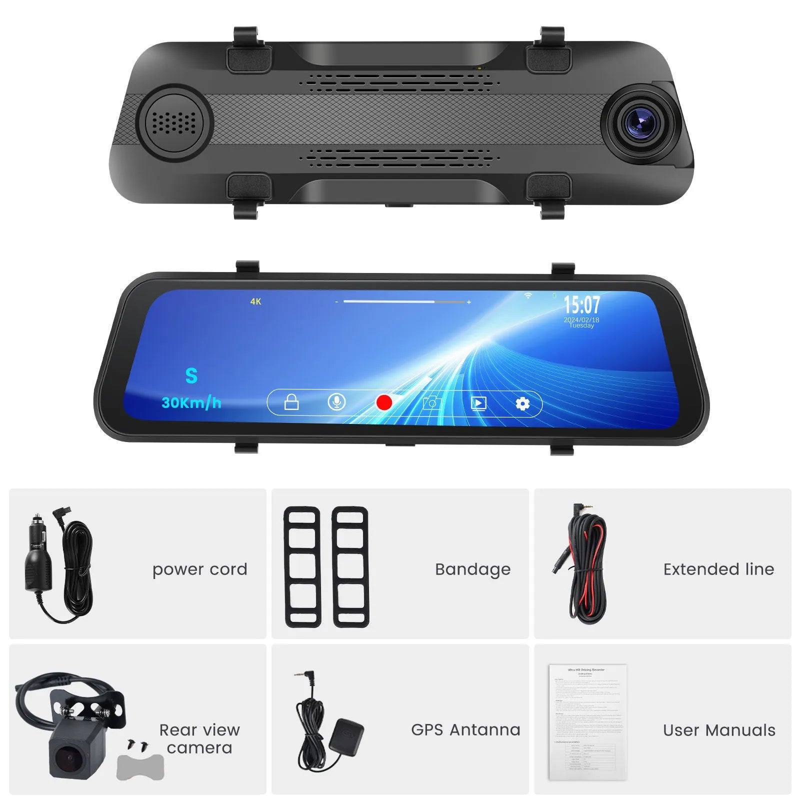 Streaming media rearview mirror dash cam with 9.66 inch IPS touch screen and dual camera system
