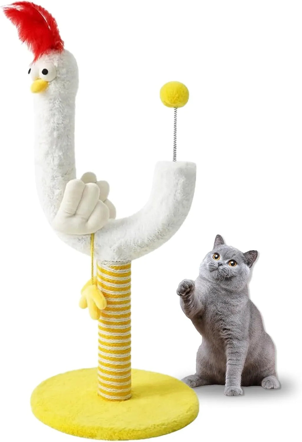 Vertical sisal cat scratching post with chicken strip design and spring ball, 35x35x88cm dimensions