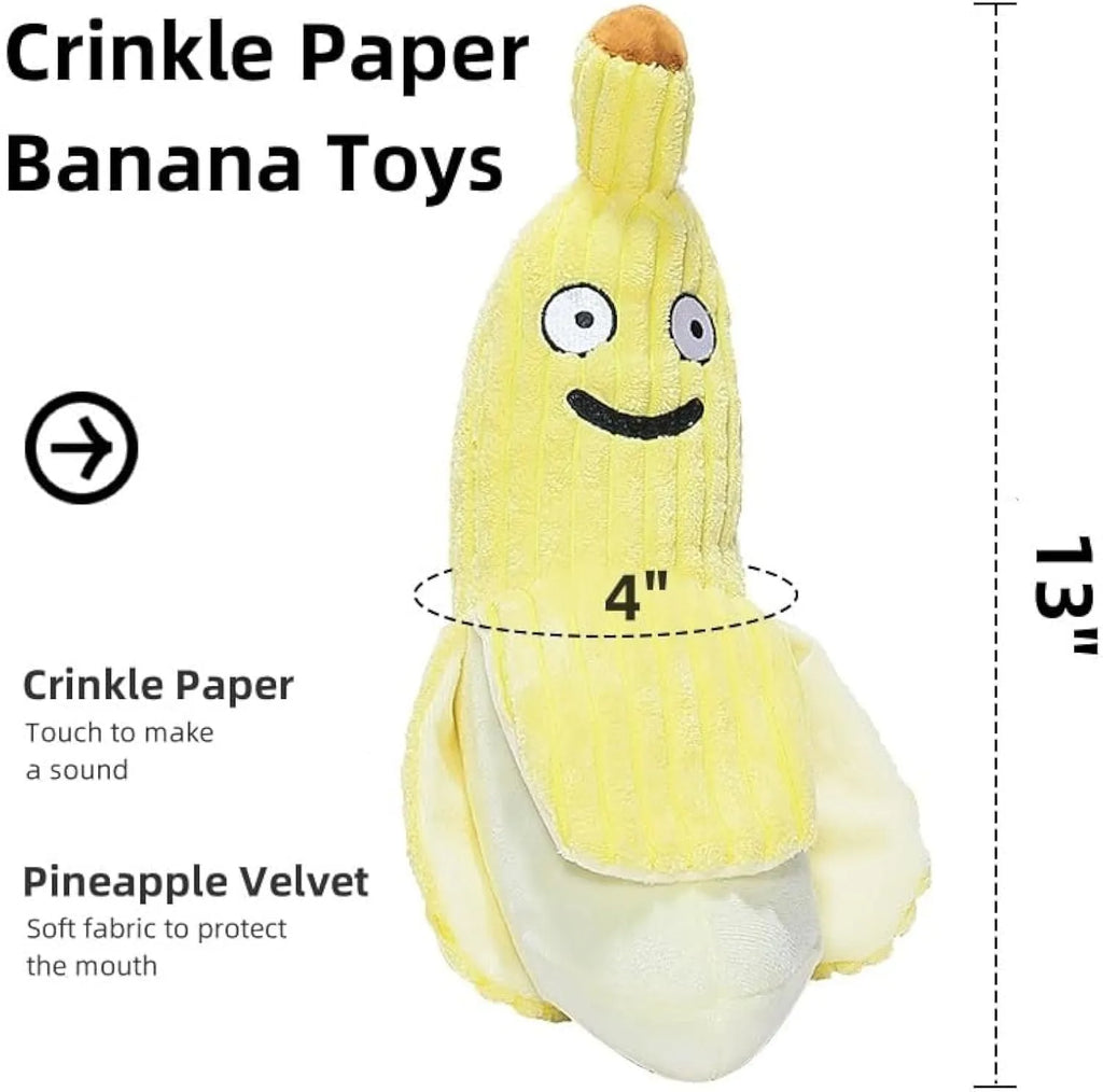 Yellow banana cat toy with crinkle paper and plush fabric for indoor cat play