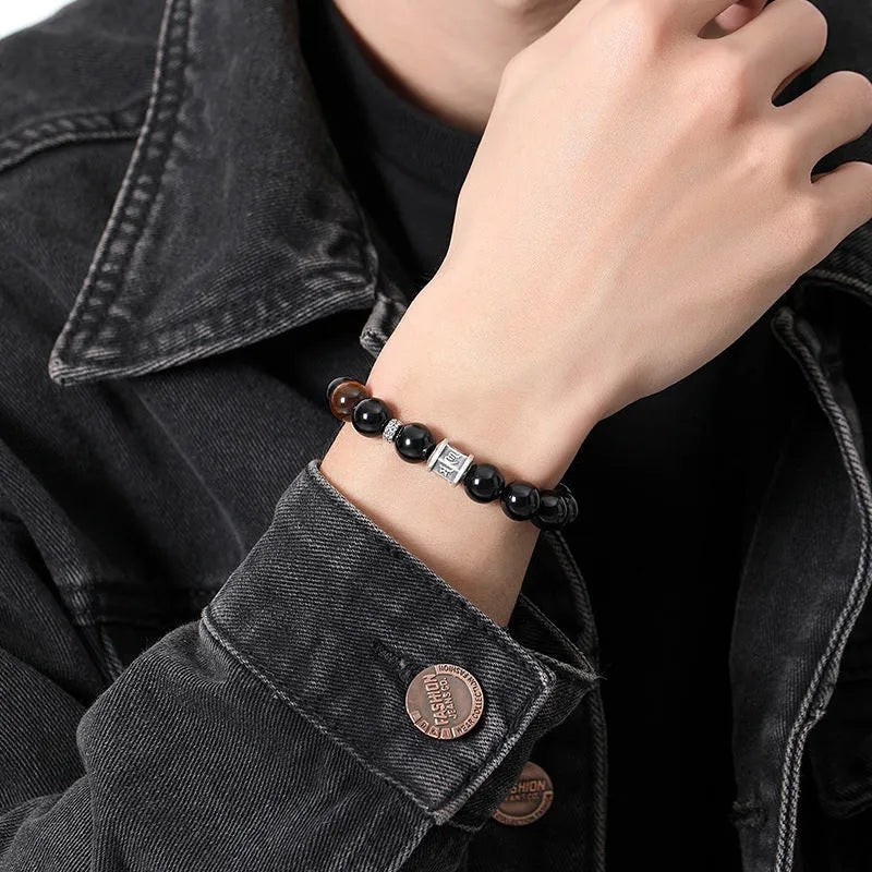 Mens black obsidian bracelet with silver prayer wheel and 10mm beads