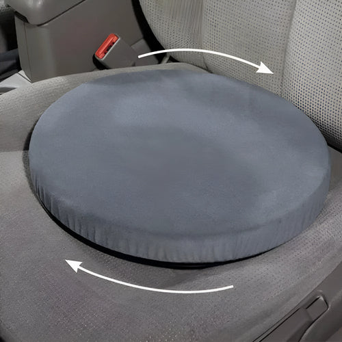Circular grey car seat cushion showing 360-degree rotation on a car seat