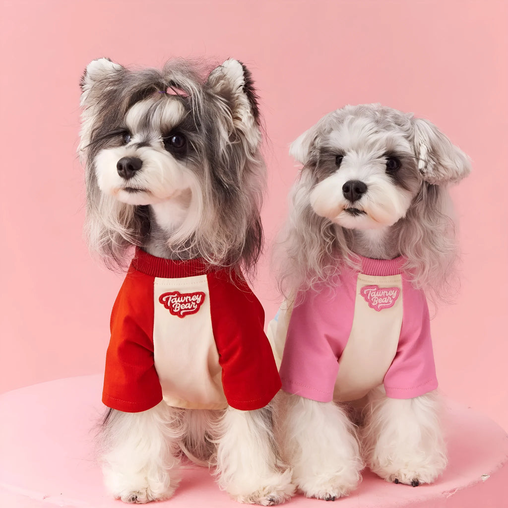 Red embroidered cotton dog clothing for summer in size medium on mannequin
