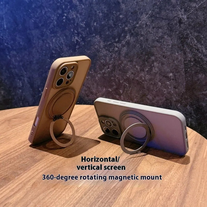 Magnetic suction pivot phone case with invisible bracket and frosted finish for iPhone