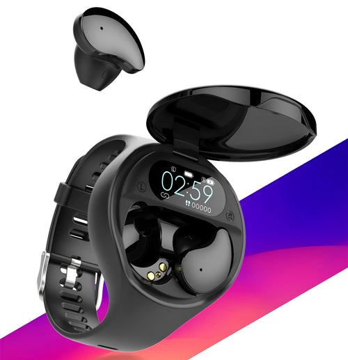 Black smart bracelet with detachable Bluetooth earphones showing colour screen display